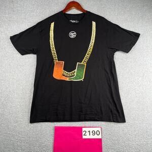 University of Miami UM Gold Turnover Chain Print T Shirt Black Large Logo Mens